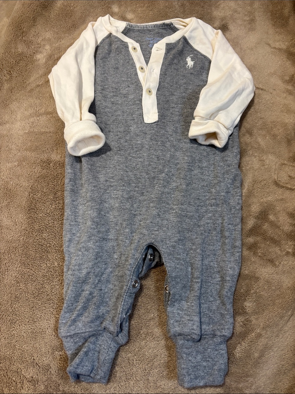 Ralph Lauren Gray and Cream Henley Footed One-Piece
